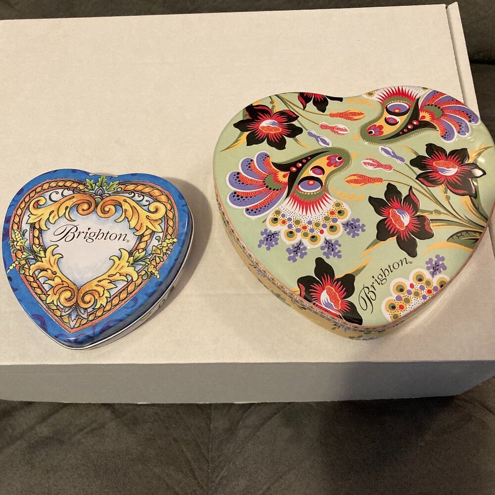 VTG -2 Brighton Floral Heart Shaped Multicolor Jewelry/Ring/Trinket Tins-EUC